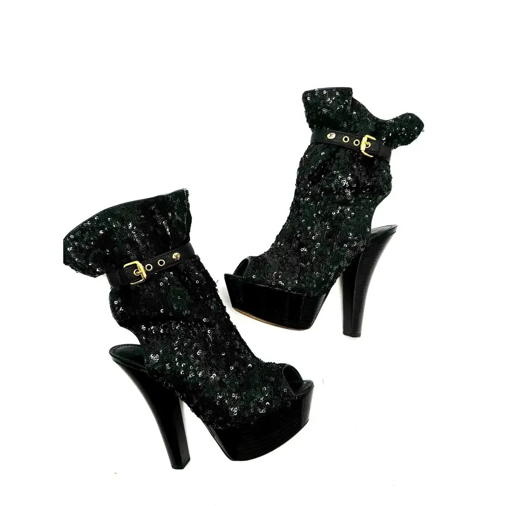 Louis Vuitton Black Sequin Leather Peep Toe Platform Boots 140mm EU 37